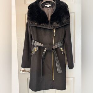 Via Spiga Wool Blend Plush Faux Fur Collar Coat with Gold Details